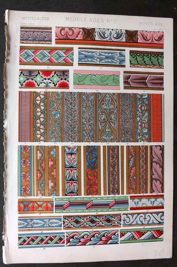Jones, Owen 1868 Design Print. Middle Ages No. 2: Chromolithograph Published 1868 by Bernard Quaritch, London for "The Grammar of Ornament" by Owen Jones. Paper Size: 13 x 9 inch (33 x 23cm) Good Condition