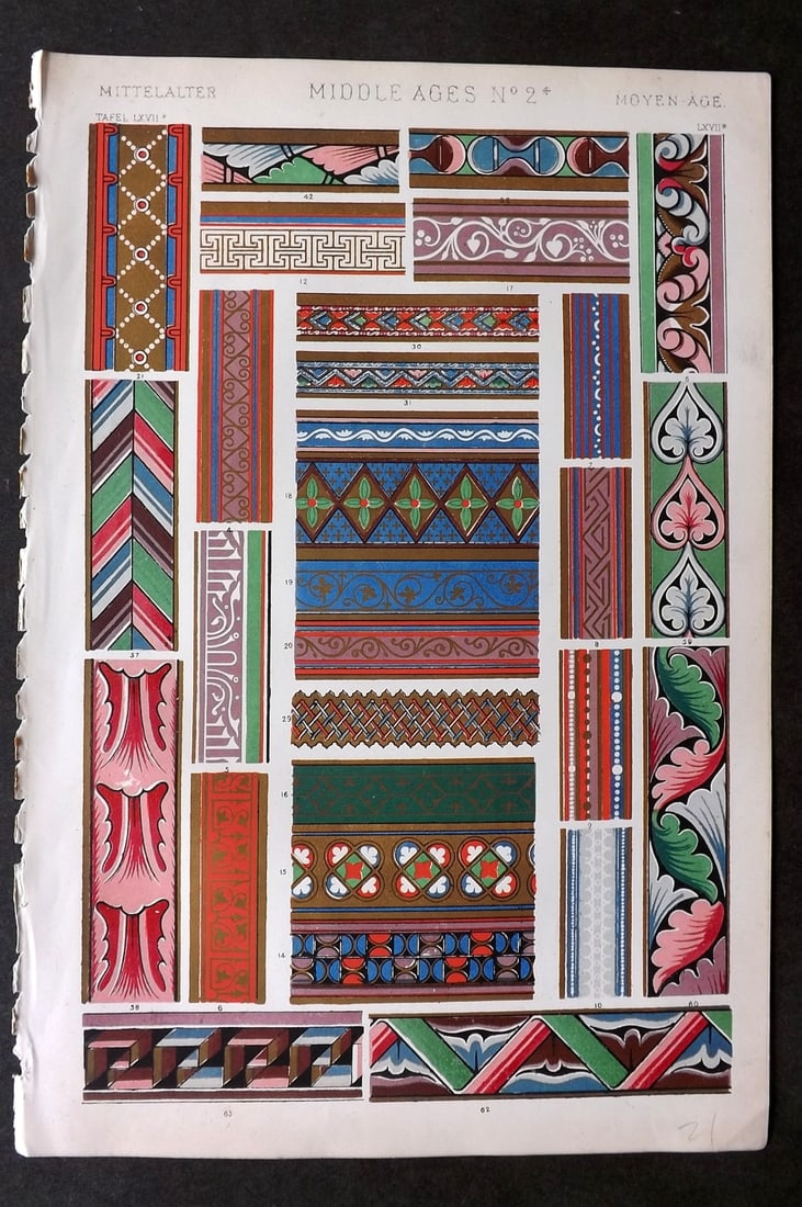Jones, Owen 1868 Design Print. Middle Ages No. 2*: Chromolithograph Published 1868 by Bernard Quaritch, London for "The Grammar of Ornament" by Owen Jones. Paper Size: 13 x 9 inch (33 x 23cm) Good Condition