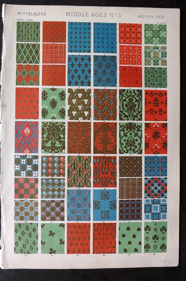 Jones, Owen 1868 Design Print. Middle Ages No. 3: Chromolithograph Published 1868 by Bernard Quaritch, London for "The Grammar of Ornament" by Owen Jones. Paper Size: 13 x 9 inch (33 x 23cm) Good Condition