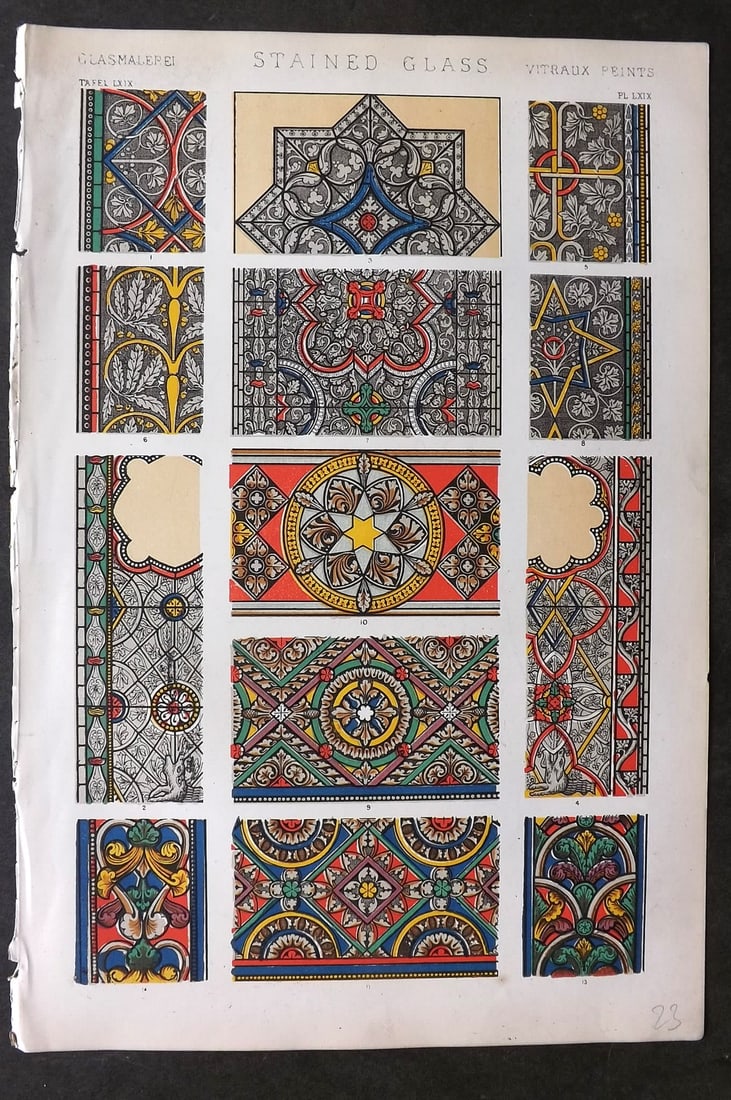 Jones, Owen 1868 Design Print. Stained Glass PL 69: Chromolithograph Published 1868 by Bernard Quaritch, London for "The Grammar of Ornament" by Owen Jones. Paper Size: 13 x 9 inch (33 x 23cm) Good Condition