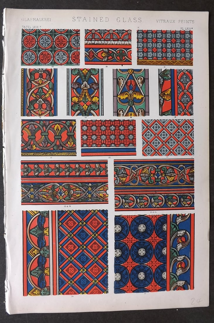 Jones, Owen 1868 Design Print. Stained Glass PL 69A: Chromolithograph Published 1868 by Bernard Quaritch, London for "The Grammar of Ornament" by Owen Jones. Paper Size: 13 x 9 inch (33 x 23cm) Good Condition