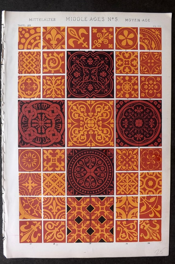 Jones, Owen 1868 Design Print. Middle Ages No.5: Chromolithograph Published 1868 by Bernard Quaritch, London for "The Grammar of Ornament" by Owen Jones. Paper Size: 13 x 9 inch (33 x 23cm) Good Condition