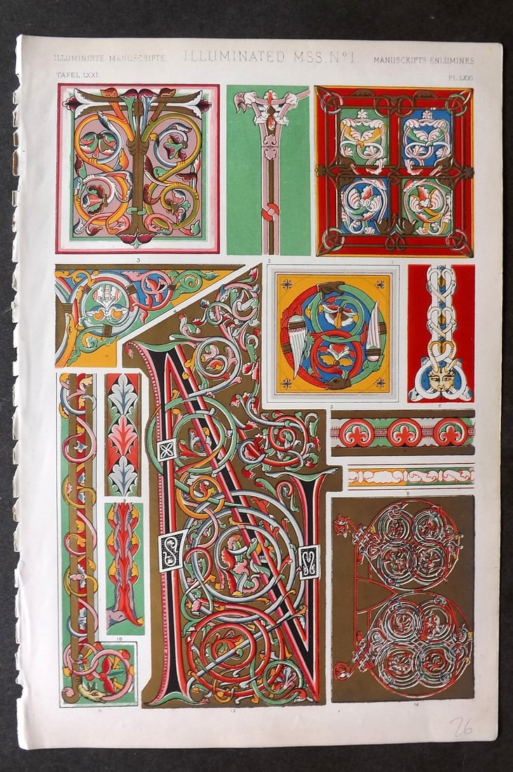 Jones, Owen 1868 Design Print. Illumintated Manuscript No. 1: Chromolithograph Published 1868 by Bernard Quaritch, London for "The Grammar of Ornament" by Owen Jones. Paper Size: 13 x 9 inch (33 x 23cm) Good Condition