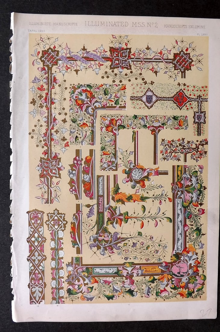 Jones, Owen 1868 Design Print. Illumintated Manuscript No. 2: Chromolithograph Published 1868 by Bernard Quaritch, London for "The Grammar of Ornament" by Owen Jones. Paper Size: 13 x 9 inch (33 x 23cm) Good Condition