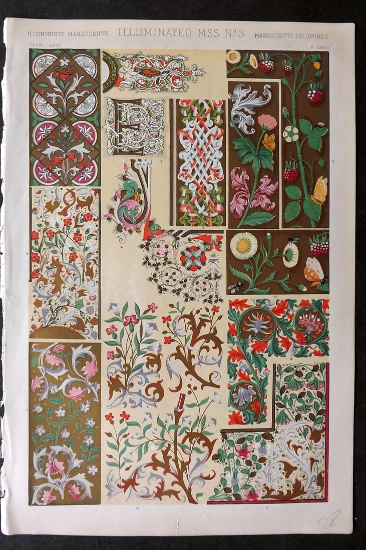 Jones, Owen 1868 Design Print. Illumintated Manuscript No. 3: Chromolithograph Published 1868 by Bernard Quaritch, London for "The Grammar of Ornament" by Owen Jones. Paper Size: 13 x 9 inch (33 x 23cm) Good Condition