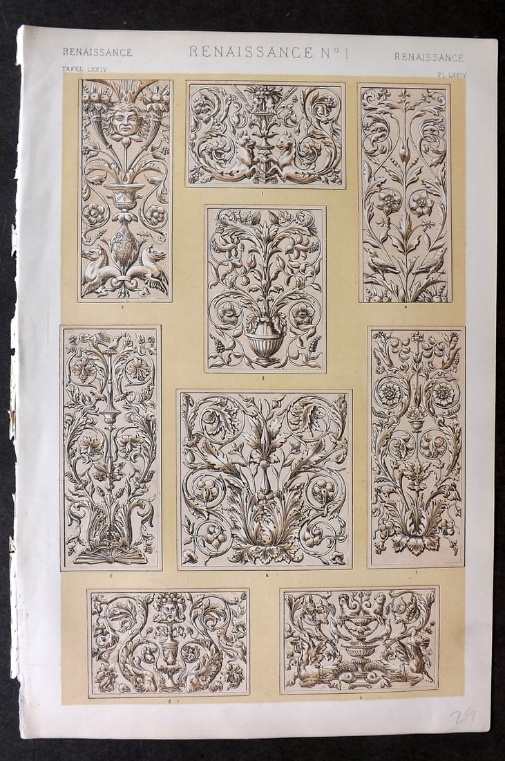 Jones, Owen 1868 Design Print. Renaissance No. 1: Chromolithograph Published 1868 by Bernard Quaritch, London for "The Grammar of Ornament" by Owen Jones. Paper Size: 13 x 9 inch (33 x 23cm) Good Condition