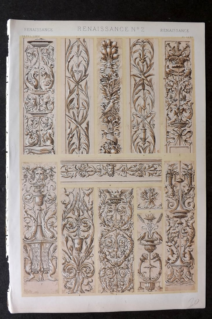 Jones, Owen 1868 Design Print. Renaissance No. 2: Chromolithograph Published 1868 by Bernard Quaritch, London for "The Grammar of Ornament" by Owen Jones. Paper Size: 13 x 9 inch (33 x 23cm) Good Condition