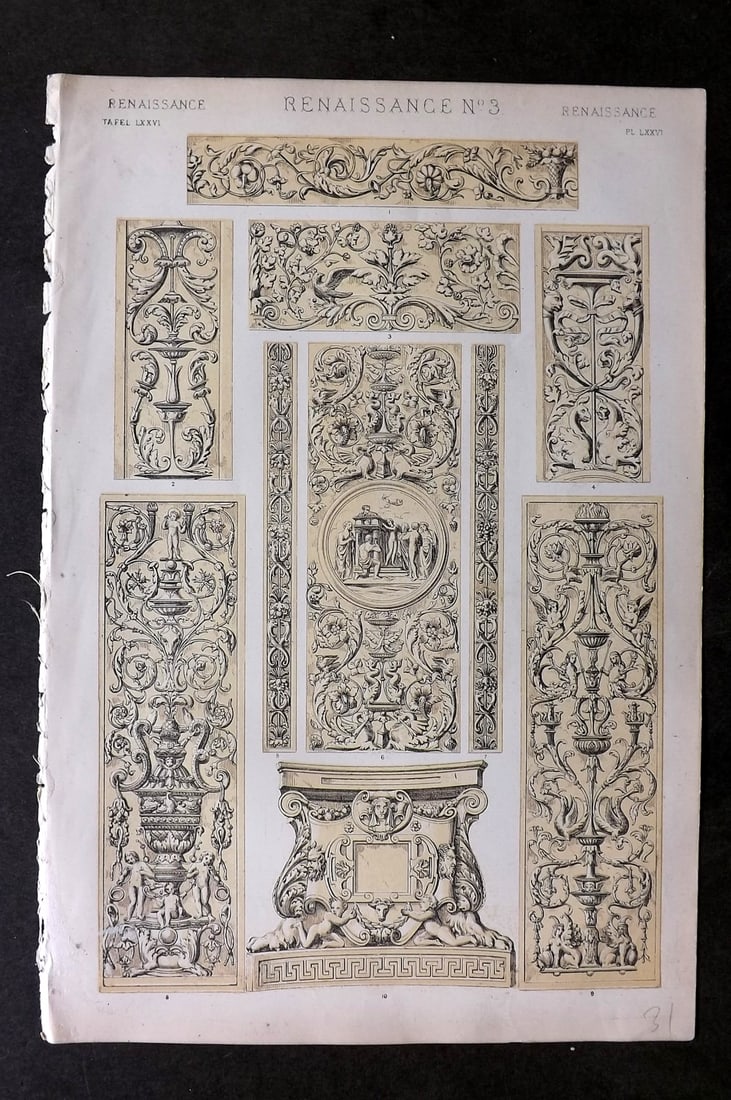 Jones, Owen 1868 Design Print. Renaissance No. 3: Chromolithograph Published 1868 by Bernard Quaritch, London for "The Grammar of Ornament" by Owen Jones. Paper Size: 13 x 9 inch (33 x 23cm) Good Condition