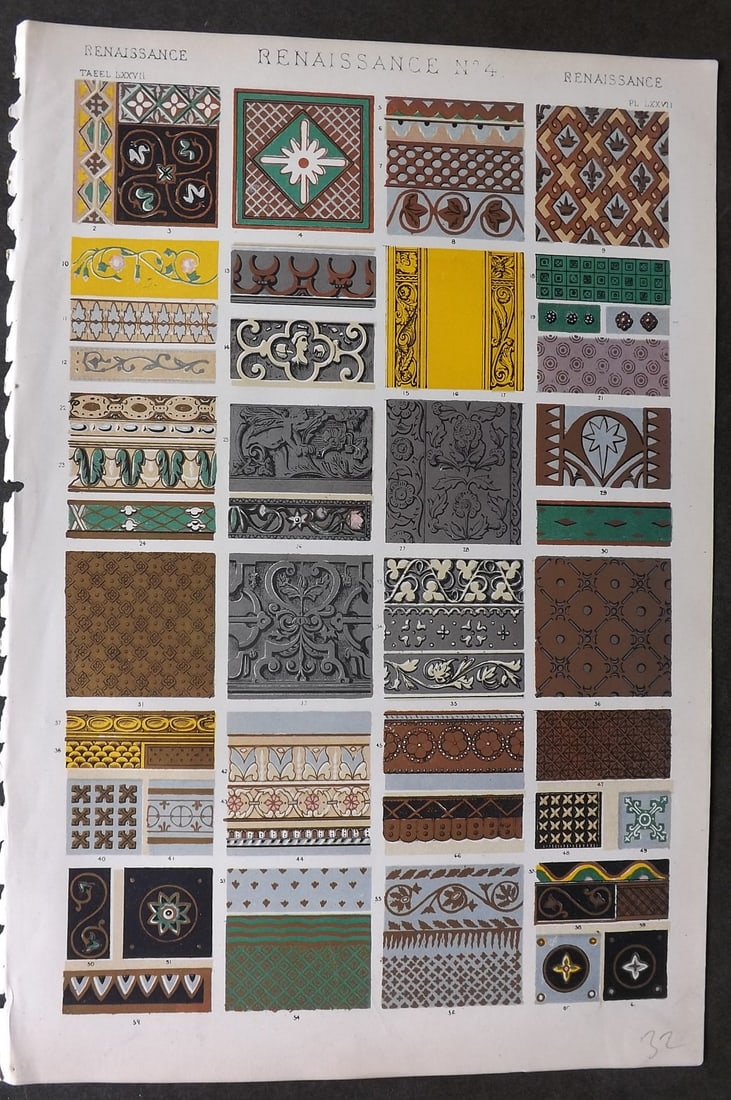 Jones, Owen 1868 Design Print. Renaissance No. 4: Chromolithograph Published 1868 by Bernard Quaritch, London for "The Grammar of Ornament" by Owen Jones. Paper Size: 13 x 9 inch (33 x 23cm) Good Condition