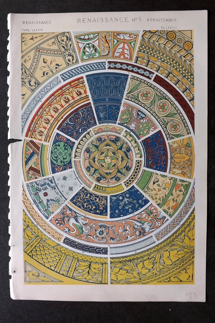 Jones, Owen 1868 Design Print. Renaissance No. 5: Chromolithograph Published 1868 by Bernard Quaritch, London for "The Grammar of Ornament" by Owen Jones. Paper Size: 13 x 9 inch (33 x 23cm) Chip to left margin, image fine.