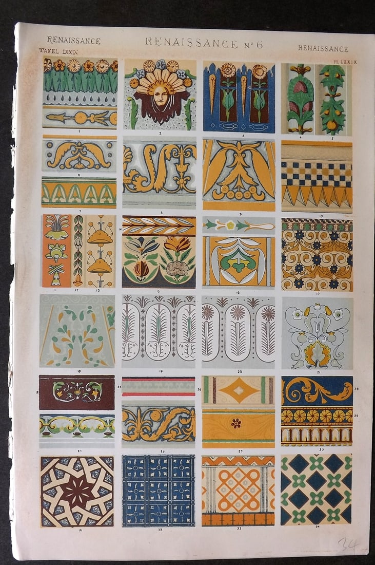 Jones, Owen 1868 Design Print. Renaissance No. 6: Chromolithograph Published 1868 by Bernard Quaritch, London for "The Grammar of Ornament" by Owen Jones. Paper Size: 13 x 9 inch (33 x 23cm) Good Condition