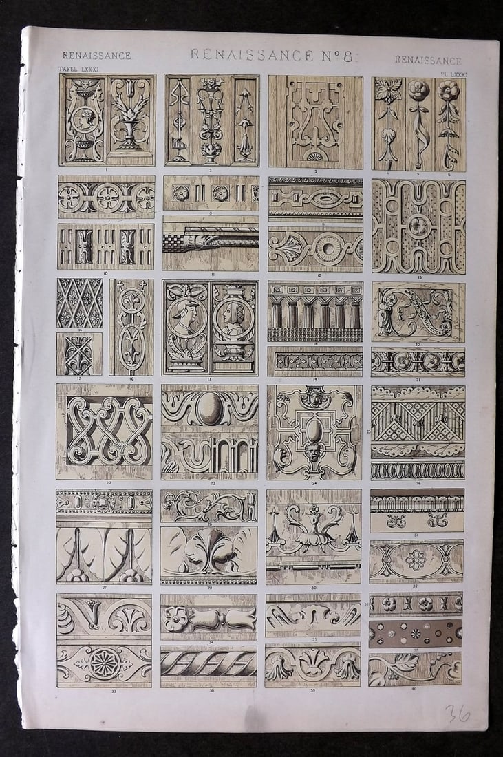 Jones, Owen 1868 Design Print. Renaissance No. 8: Chromolithograph Published 1868 by Bernard Quaritch, London for "The Grammar of Ornament" by Owen Jones. Paper Size: 13 x 9 inch (33 x 23cm) Good Condition