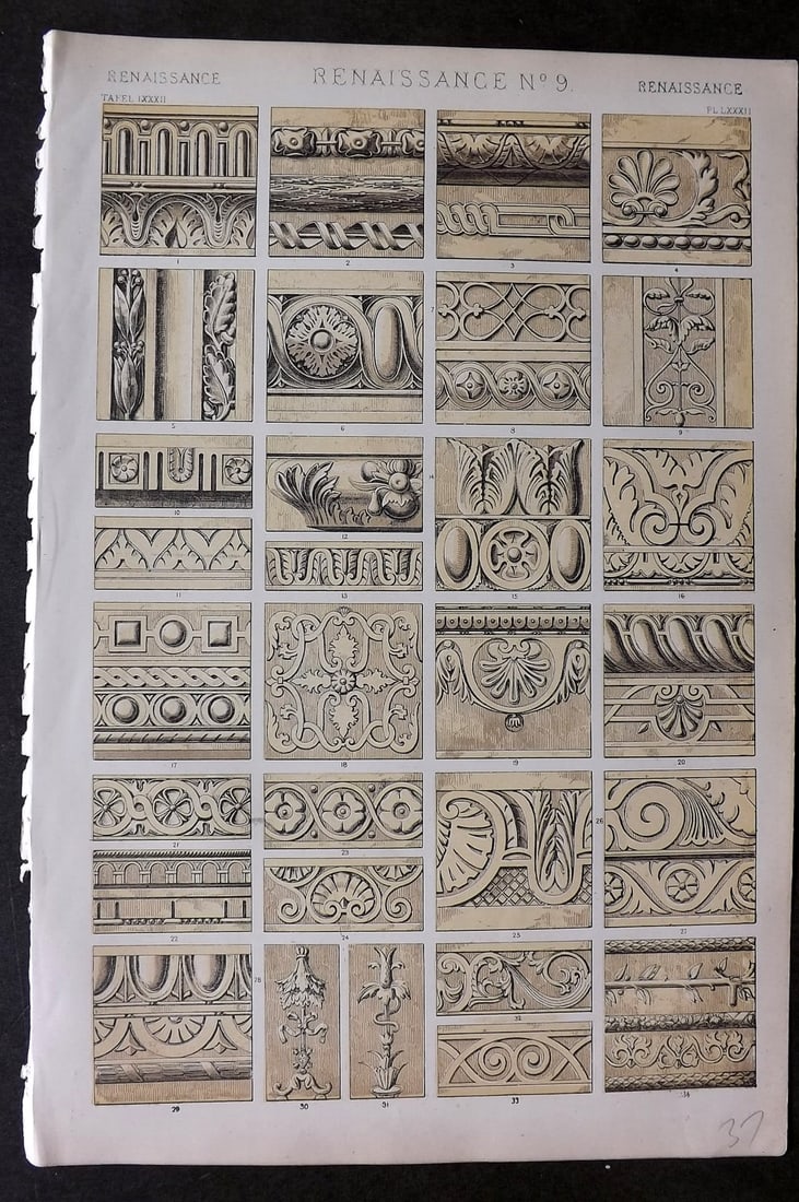 Jones, Owen 1868 Design Print. Renaissance No. 9: Chromolithograph Published 1868 by Bernard Quaritch, London for "The Grammar of Ornament" by Owen Jones. Paper Size: 13 x 9 inch (33 x 23cm) Good Condition