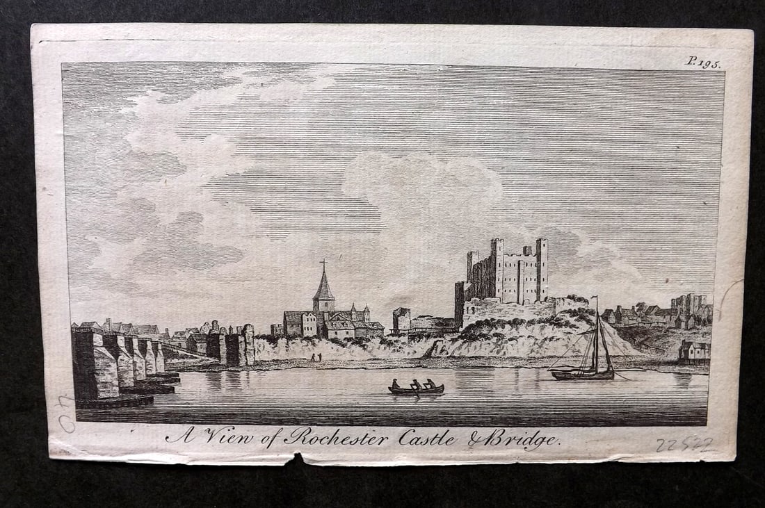 UK 1777 Antique Print. Rochester Castle & Bridge, Kent: Copper Published 1776-77, London for "A New Display of the Beauties of England" Paper Size: 8 x 5 inch (21 x 13cm) Good Condition