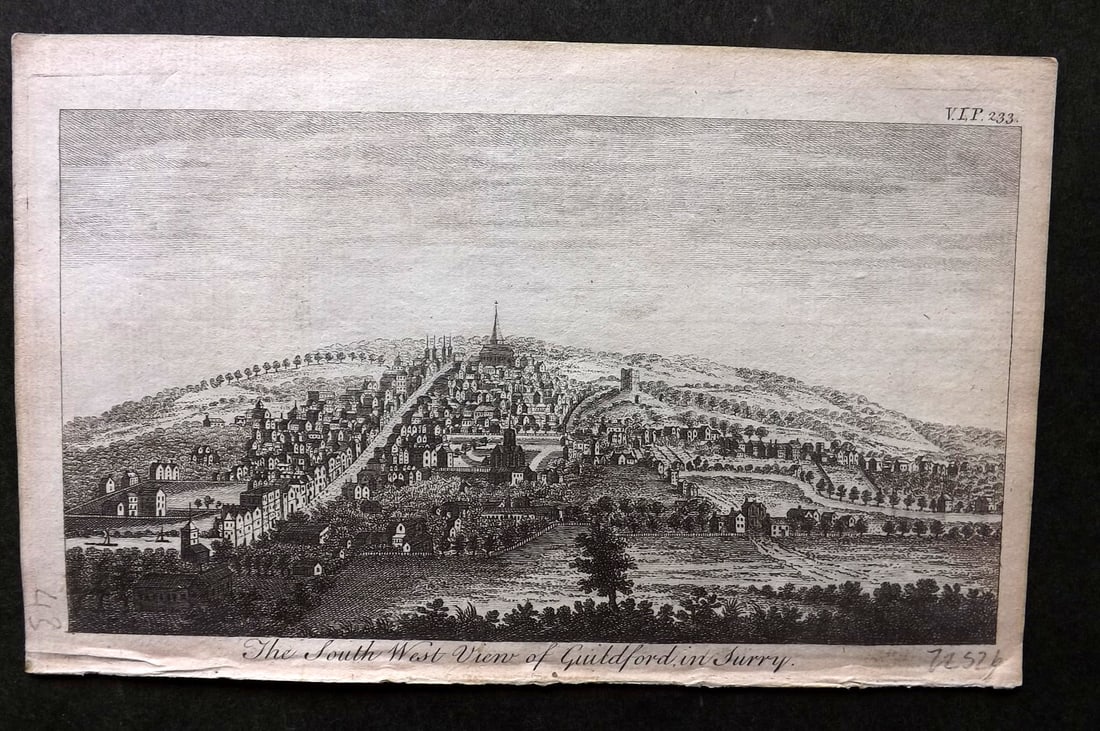UK 1777 Antique Print. South West View of Guildford in Surrey: Copper Published 1776-77, London for "A New Display of the Beauties of England" Paper Size: 8 x 5 inch (21 x 13cm) Good Condition