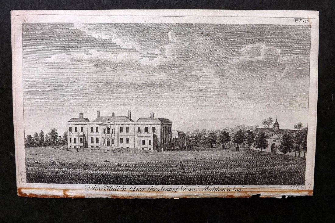 UK 1777 Antique Print. Felix Hall in Essex: Copper Published 1776-77, London for "A New Display of the Beauties of England" Paper Size: 8 x 5 inch (21 x 13cm) Good Condition
