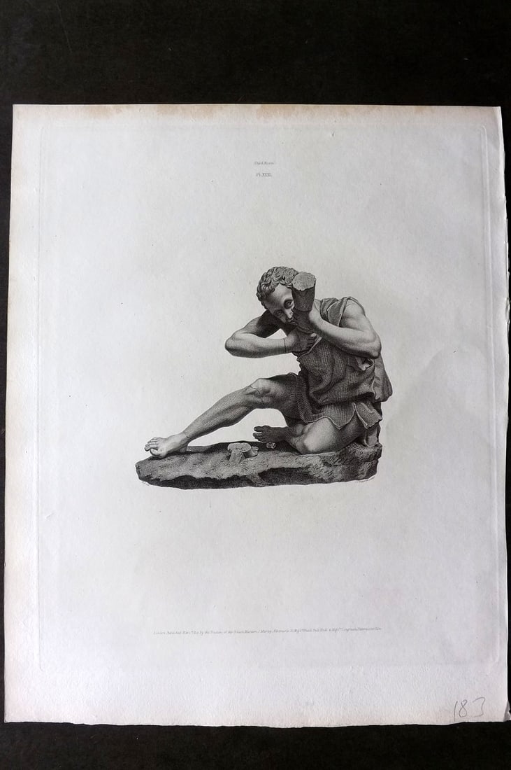 BM Marbles 1815 Folio Statue Sculpture Print. Statue of a Youth biting the Arm of another boy 31: Folio Copper Plate Published 1812-61, London for "A Description of the Collection of Ancient Marbles in the British Museum" by the British Museum, Department of Greek and Roman Antiquities. Paper Size