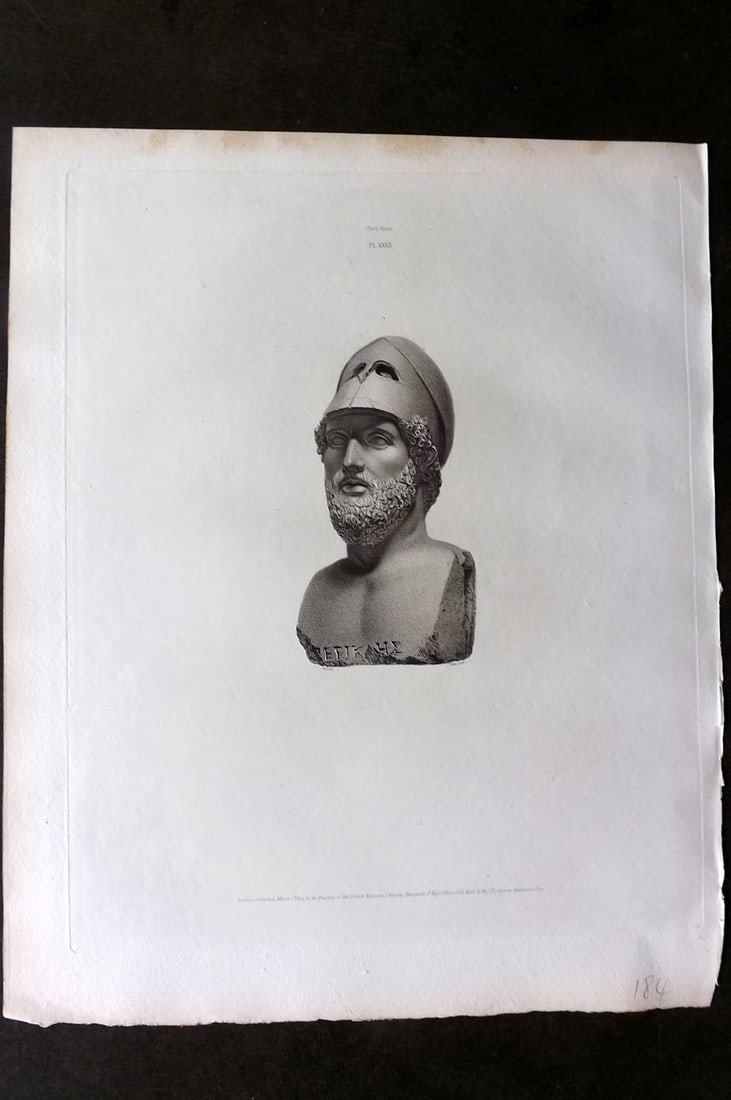 BM Marbles 1815 Folio Statue Sculpture Print. Terminal Head of Pericles 32: Folio Copper Plate Published 1812-61, London for "A Description of the Collection of Ancient Marbles in the British Museum" by the British Museum, Department of Greek and Roman Antiquities. Paper Size