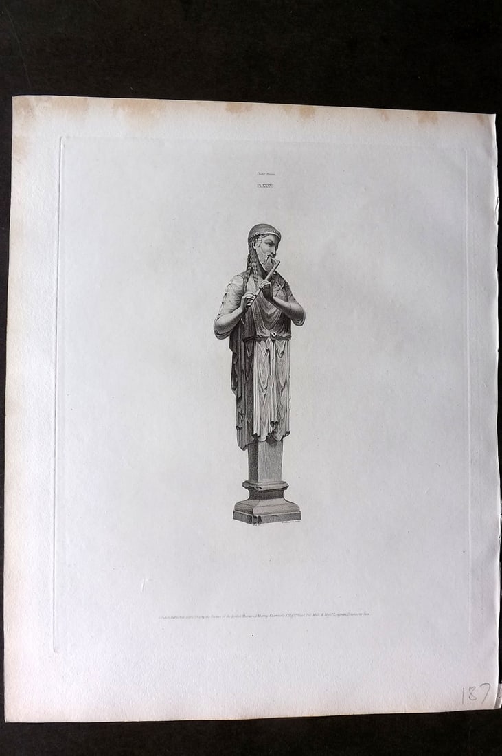 BM Marbles 1815 Folio Statue Sculpture Print. Terminal Statue of Pan playing upon a Pipe 35: Folio Copper Plate Published 1812-61, London for "A Description of the Collection of Ancient Marbles in the British Museum" by the British Museum, Department of Greek and Roman Antiquities. Paper Size