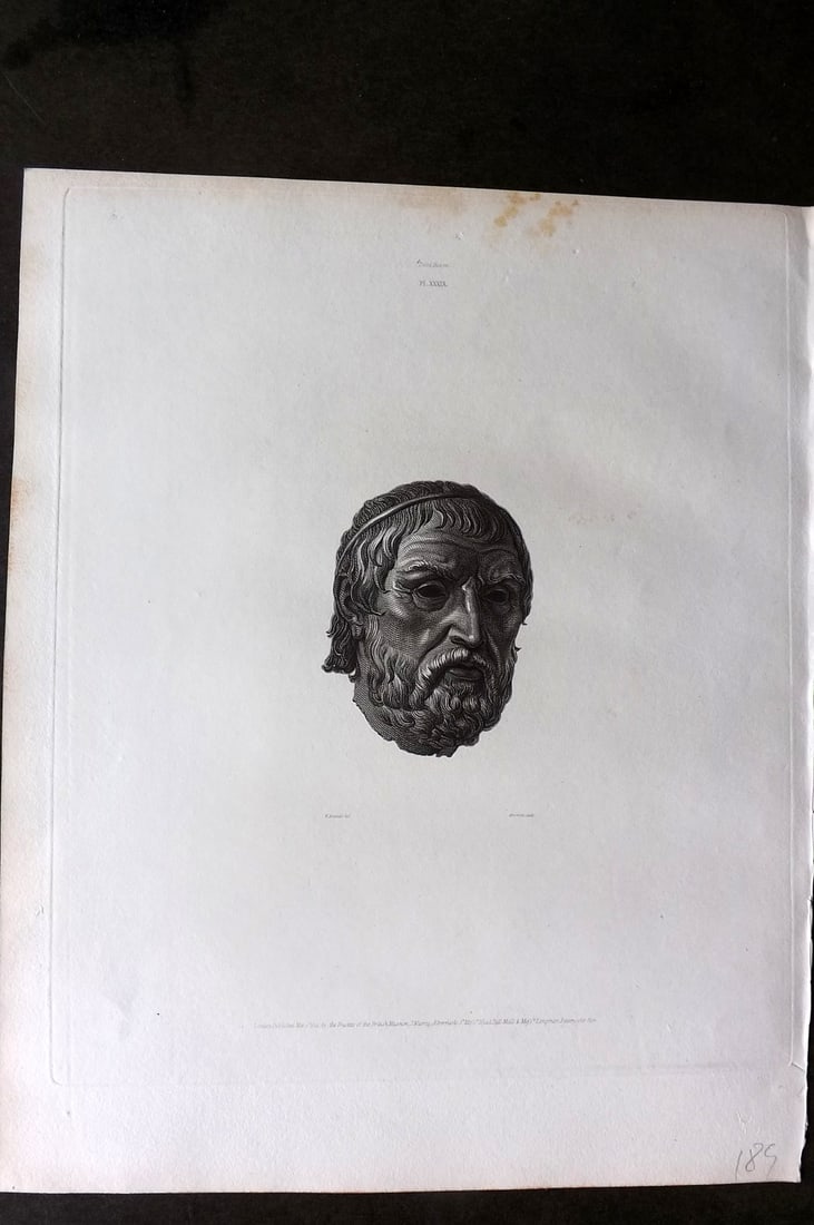 BM Marbles 1815 Folio Statue Sculpture Print. Unknown Bronze head, supposed to be that of Pindar 39: Folio Copper Plate Published 1812-61, London for "A Description of the Collection of Ancient Marbles in the British Museum" by the British Museum, Department of Greek and Roman Antiquities. Paper Size