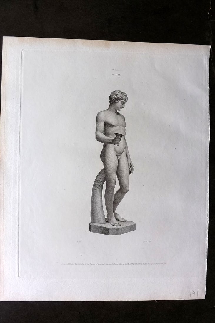 BM Marbles 1815 Folio Statue Sculpture Print. Statue of a Faun 43: Folio Copper Plate Published 1812-61, London for "A Description of the Collection of Ancient Marbles in the British Museum" by the British Museum, Department of Greek and Roman Antiquities. Paper Size