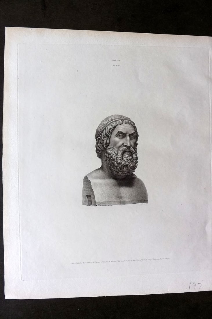 BM Marbles 1815 Folio Statue Sculpture Print. An Unknown terminal head, probably of a Greek Poet 44 (1 of 1)