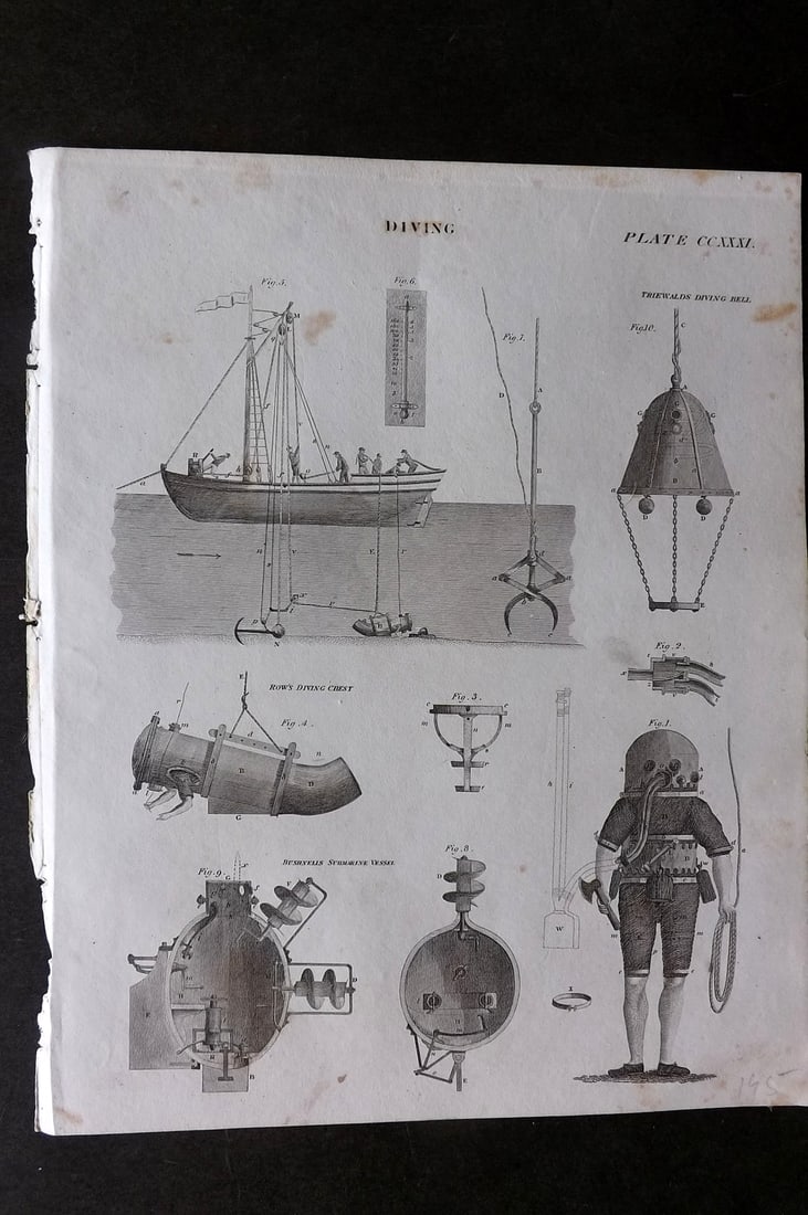Brewster, David 1824 Print. Diving. Diving Bell: Copper Plate Published 1808-1830, Philadelphia & Edinburgh for "The Edinburgh Encyclopaedia" Conducted by David Brewster. Paper Size: 10.5 x 8 inch (27 x 21cm) Minor toning, otherwise Good Condition