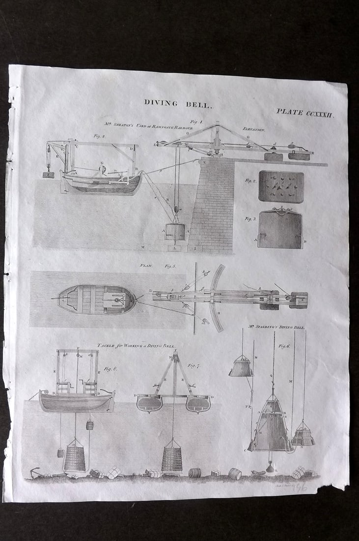 Brewster, David 1824 Print. Diving. Diving Bell: Copper Plate Published 1808-1830, Philadelphia & Edinburgh for "The Edinburgh Encyclopaedia" Conducted by David Brewster. Paper Size: 10.5 x 8 inch (27 x 21cm) Good Condition