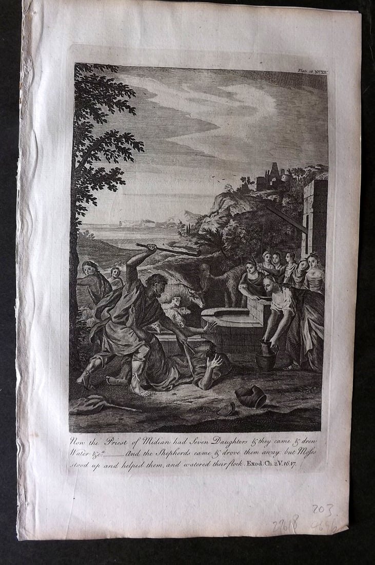 Goadby (Pub) 1770 Religious Print. Now the Priest of Midian had seven Daughters: Folio Copper Plate Published 1770 by R. Goadby, London for "An Illustration of the Holy Scriptures..." Paper Size: 15 x 9.5 inch (38 x 24cm) Good Condition