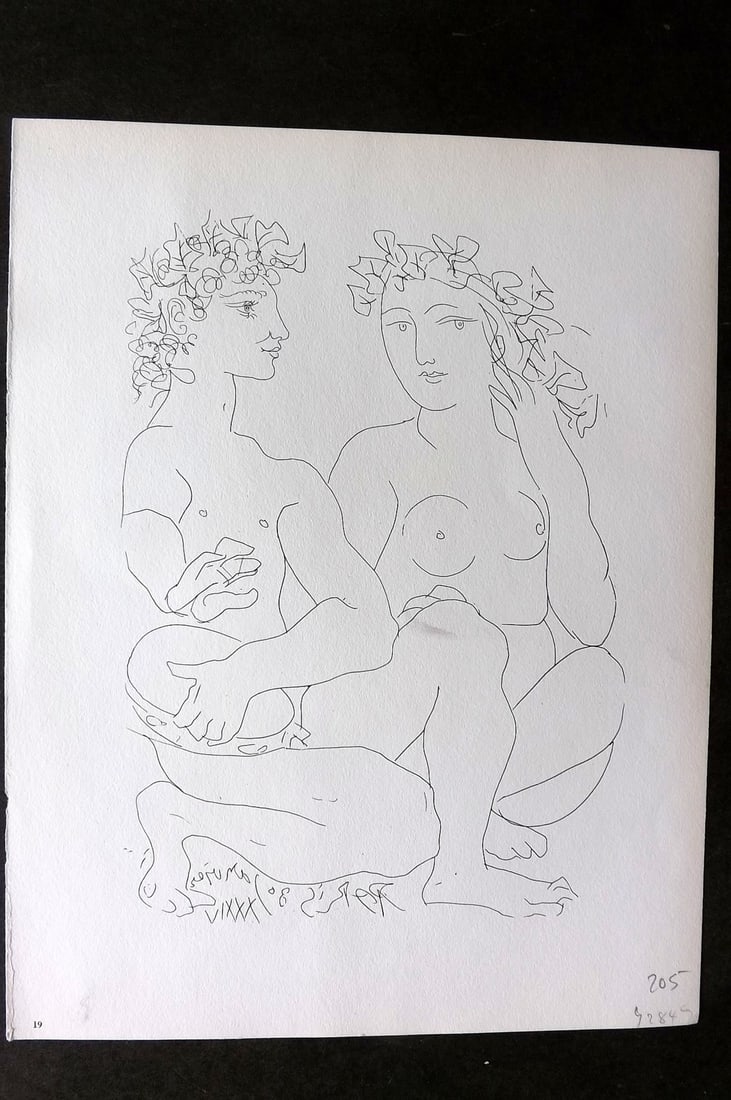 Picasso Vollard Suite 1956 Print. Nude and Tamborine Player 19: Vintage Photogravure Published 1956, London for "Picasso's Vollard Suite" First English Edition of 100 Etchings created by Picasso between 1930-37. Printed on Good Quality Paper in Germany. Paper Size