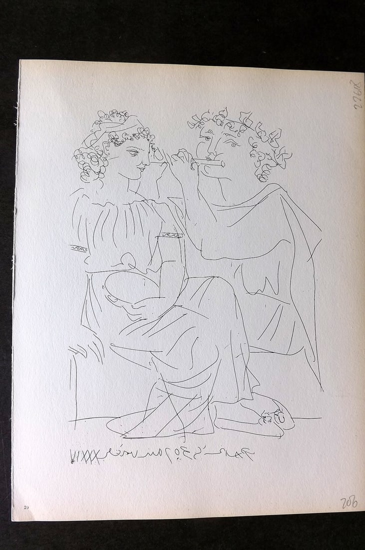 Picasso Vollard Suite 1956 Print. Flute Player and Girl with Tamborine 20: Vintage Photogravure Published 1956, London for "Picasso's Vollard Suite" First English Edition of 100 Etchings created by Picasso between 1930-37. Printed on Good Quality Paper in Germany. Paper Size
