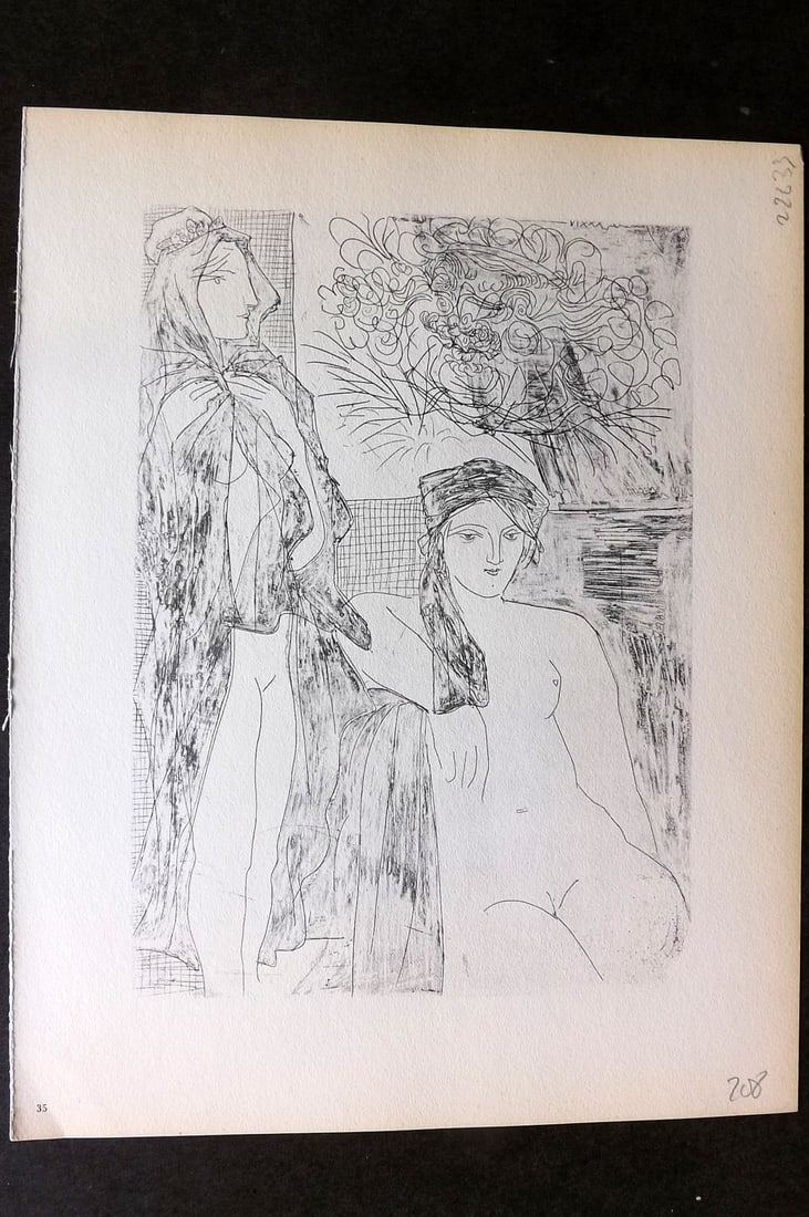 Picasso Vollard Suite 1956 Print. Two Nudes and Portrait of Rembrandt 35: Vintage Photogravure Published 1956, London for "Picasso's Vollard Suite" First English Edition of 100 Etchings created by Picasso between 1930-37. Printed on Good Quality Paper in Germany. Paper Size