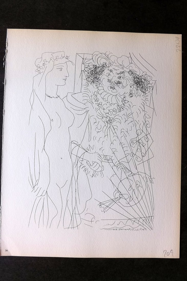 Picasso Vollard 1956 Nude with Flowering Headdress & Portrait of Rembrandt 36: Vintage Photogravure Published 1956, London for "Picasso's Vollard Suite" First English Edition of 100 Etchings created by Picasso between 1930-37. Printed on Good Quality Paper in Germany. Paper Size