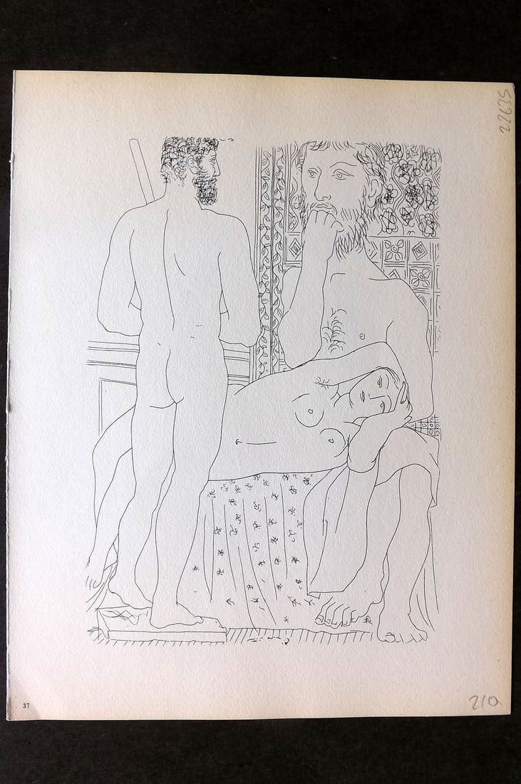 Picasso Vollard Suite 1956 Print. Sculptor Seated, Reclining Model & Statue 37: Vintage Photogravure Published 1956, London for "Picasso's Vollard Suite" First English Edition of 100 Etchings created by Picasso between 1930-37. Printed on Good Quality Paper in Germany. Paper Size