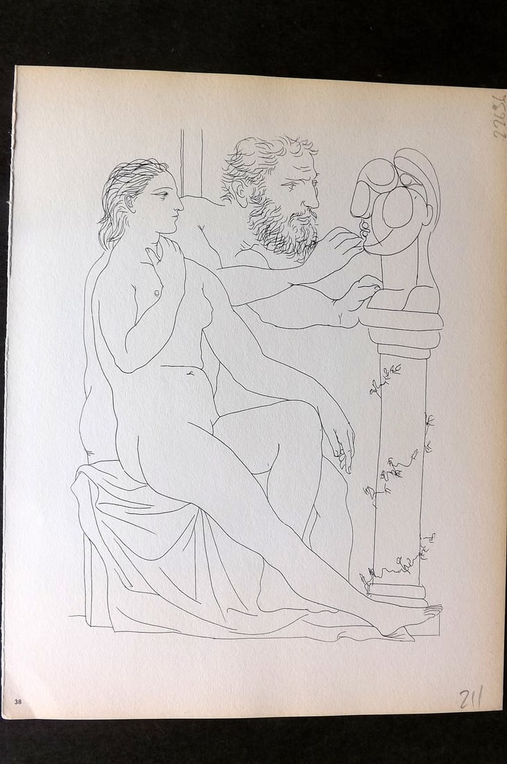 Picasso Vollard 1956 Print. Seated Model & Sculptor Studying Sculptured Head 38: Vintage Photogravure Published 1956, London for "Picasso's Vollard Suite" First English Edition of 100 Etchings created by Picasso between 1930-37. Printed on Good Quality Paper in Germany. Paper Size