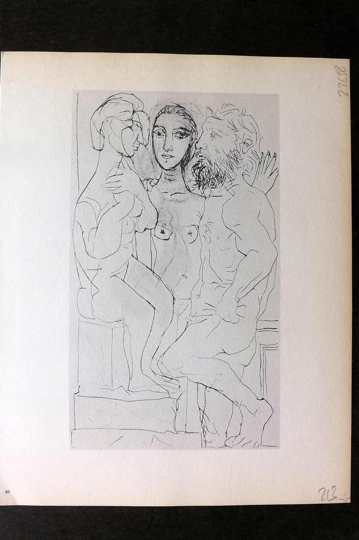 Picasso Vollard 1956 Print. Sculptor & Model Viewing Statue of Seated Woman 40: Vintage Photogravure Published 1956, London for "Picasso's Vollard Suite" First English Edition of 100 Etchings created by Picasso between 1930-37. Printed on Good Quality Paper in Germany. Paper Size