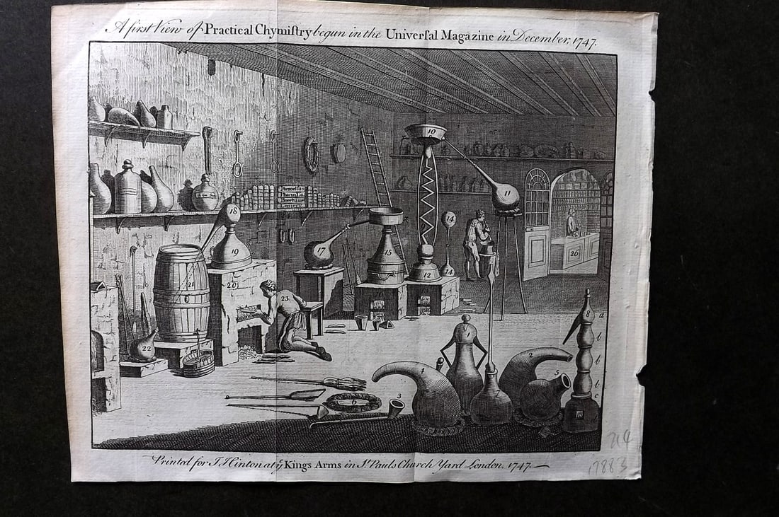 Universal Magazine 1748 Antique Print. Practical Chymistry. Chemistry: Copper Plate Published London 1747-1815 for "The Universal Magazine of Knowledge and Pleasure" by Various. Folds as issued. Paper Size: 9.5 x 8 inch (24 x 20cm) Good Condition