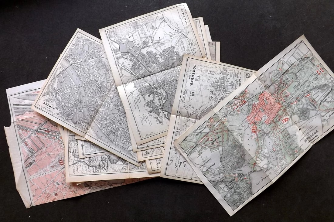 Baedeker, Karl 1884 Lot of 18 Maps. Northern Germany.: Lithograph Maps Published 1894, Leipzig for "Northern Germany. Handbook for Travellers" by Karl Baedeker. Folds as issued. Paper Size: Up to 12 x 10.5 inch (30 x 27cm) Good Condition