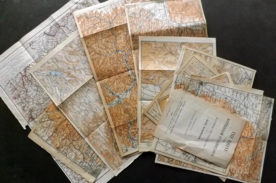 Baedeker, Karl 1906 Lot of 20 Antique Maps. Germany Rhine.: Lithograph Map Published 1906, Leipzig for "Handbook for Travellers" by Karl Baedeker. Folds as issued. Paper Size: Up to 13.5 x 9.5 inch (33 x 24cm) Good Condition