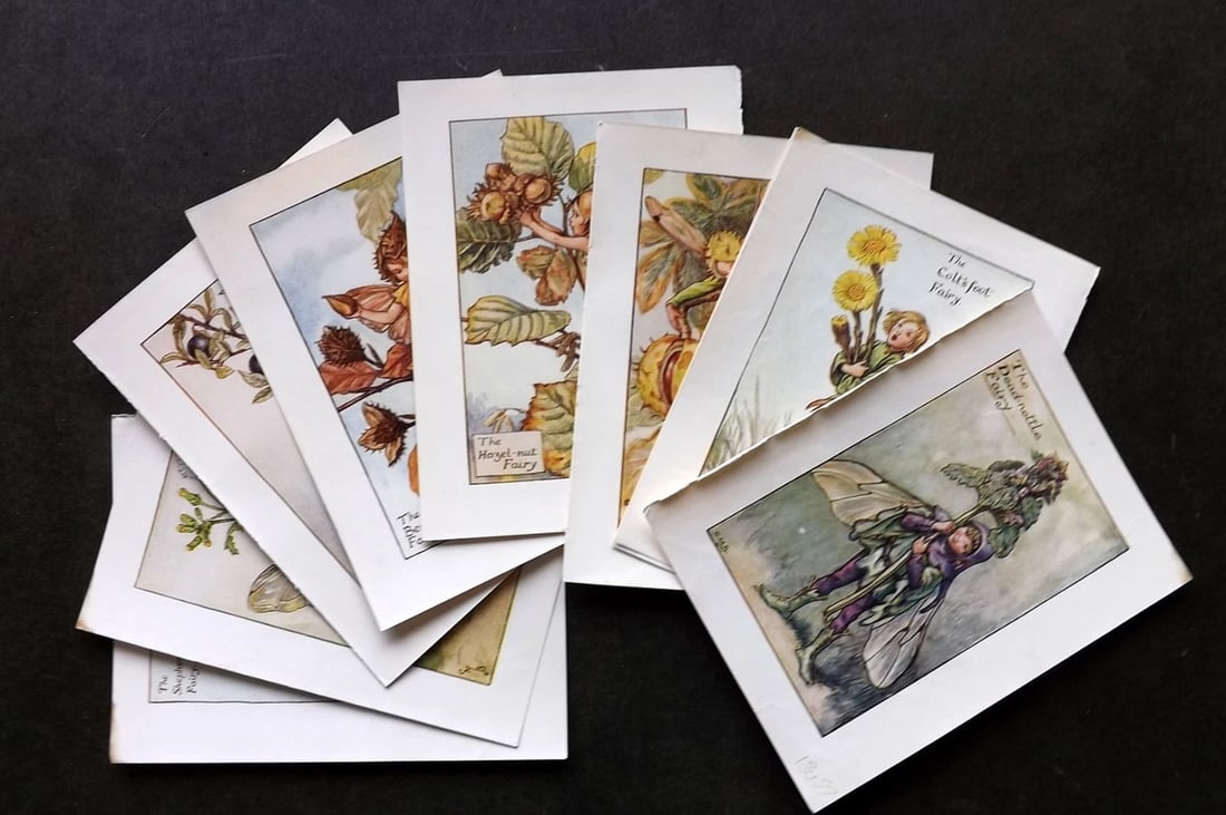 Barker, Cicely Mary C1940 Lot of 9 Flower-Fairy Prints: Lithographs Published C1935-45 by Blackie & Son, London & Glasgow for the "Flower-Fairies" Series by Cicely Mary Barker. Reverse side blank. Paper Size: 5.5 x 4 inch (14 x 10cm) Good Condition