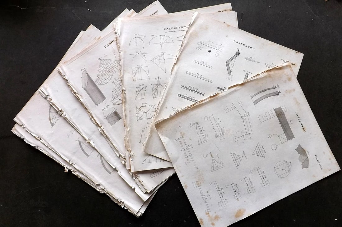 Brewster, David 1824 Lot of 18 Antique Prints. Carpentry. Copper Engravings (1 of 4)