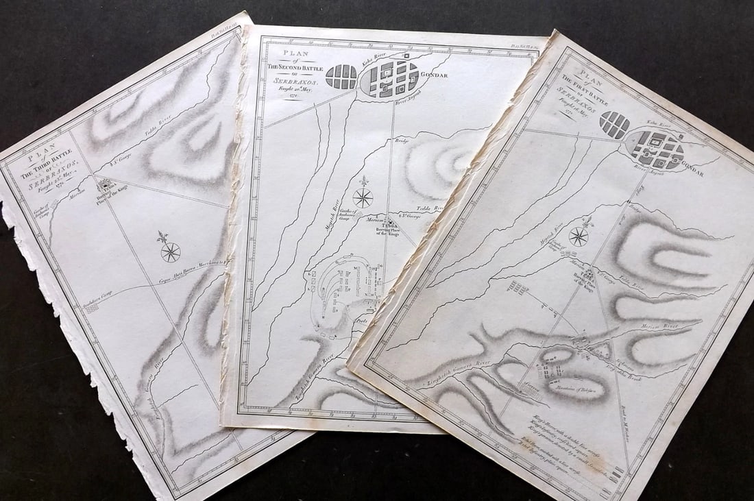Bruce, James 1813 Lot of 3 Antique Maps. Battle of Serbraxos. Ethiopia Africa: Copper Engraved Map Published 1813, Edinburgh for "Travels to discover the source of the Nile" by James Bruce. Paper Size: 12 x 9 inch (30 x 23cm) Very minor toning. Good Condition