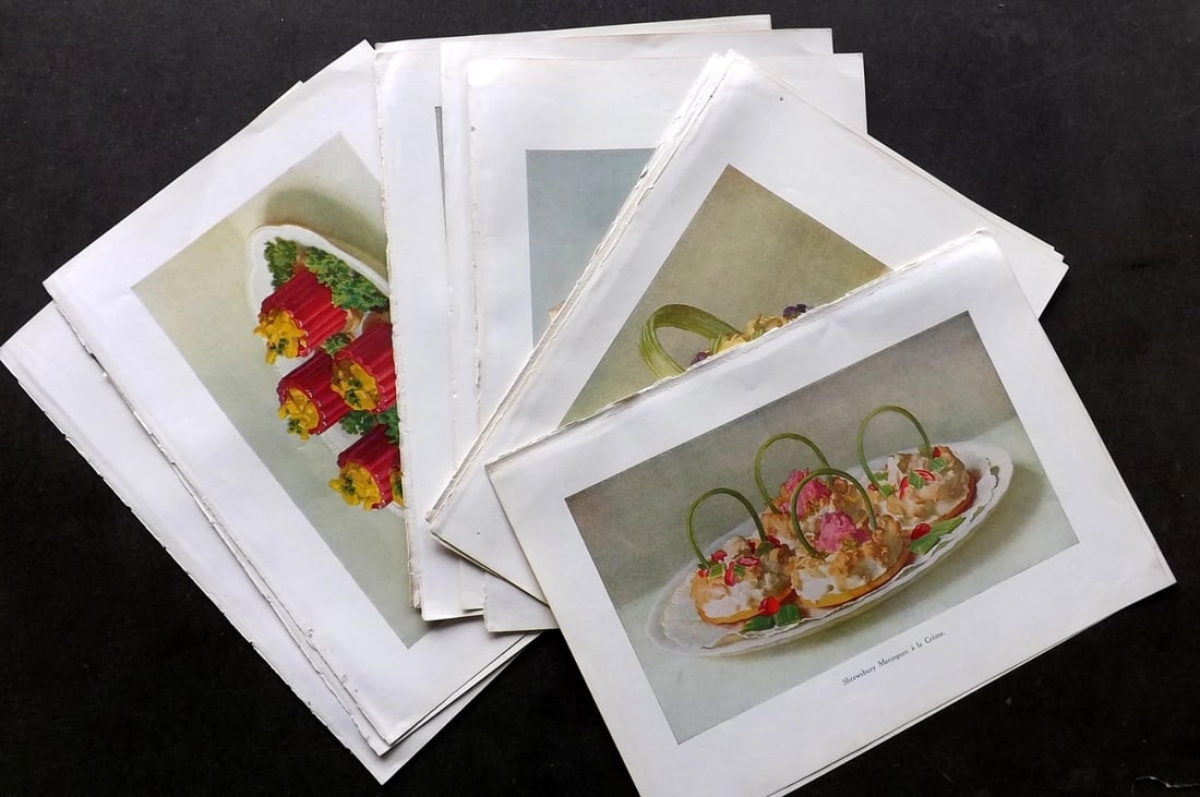 Fairclough, M. A. 1951 Lot of 12 Vintage Food Prints.: Offset Lithograph Published 1951, London for "The Ideal Cookery Book" M. A. Fairclough. Paper Size: 10 x 7 inch (26 x 18cm) Good Condition
