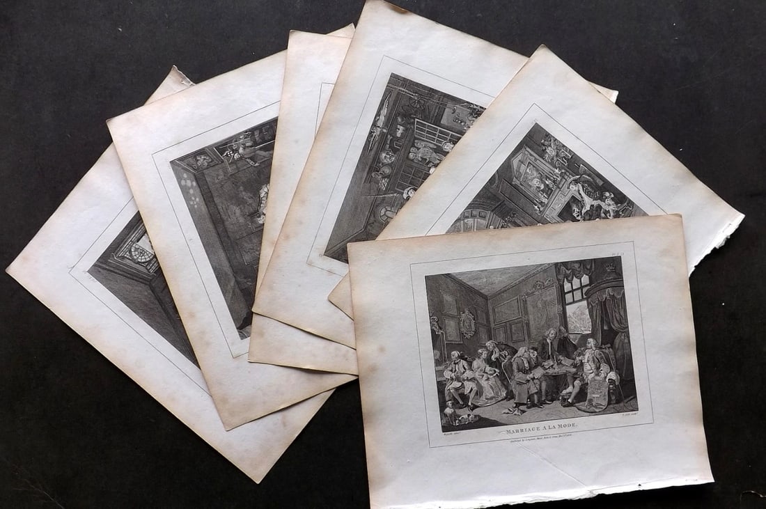 Hogarth, William 1810 Set of 6 Copper Plates Satire Prints. Marriage A La Mode: Copper Plates Published 1808-10, London for "The Genuine Works of William Hogarth" by John Nichols. Paper Size: 11 x 8.5 inch (28 x 22cm) Some margin toning present, Good Condition