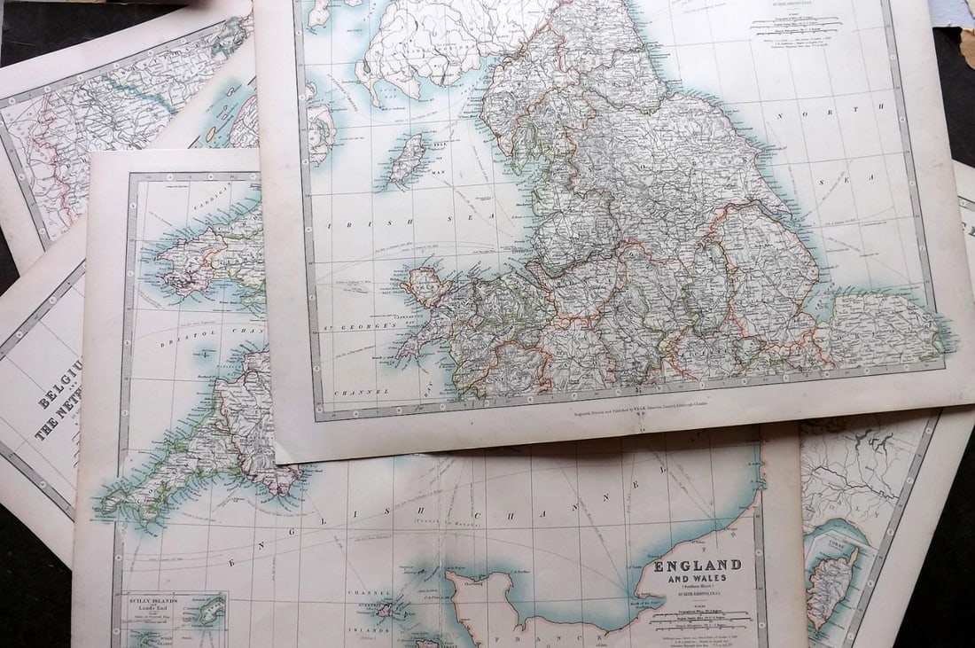 Johnston, Alexander 1906 Lot of 5 Maps England France Belgium Germany: Folio Steel Engraved Map Published 1906, Edinburgh & London for "The Handy Atlas of Modern Geography" by Alexander Keith Johnston and G. H. Johnston. Centre fold as published. Paper Size: 19 x 14.5 in