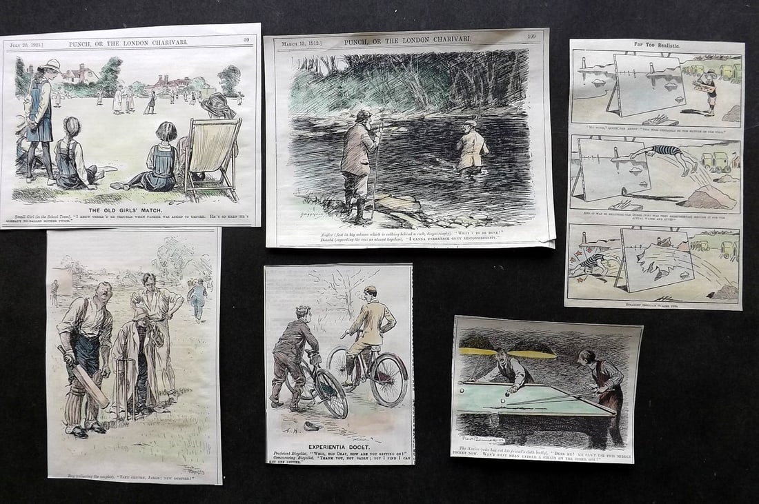 Punch C1890-C1915. Lot of 5 Hand Col Prints. Sports - Cricket Fishing Billiards: Hand Colored Wood Engravings, most with text on the Reverse. Published C1890-C1915 for "Punch, Or The London Charivari" Paper Size: Up to 7.5 x 5.5 inch (19 x 14cm) Good Condition