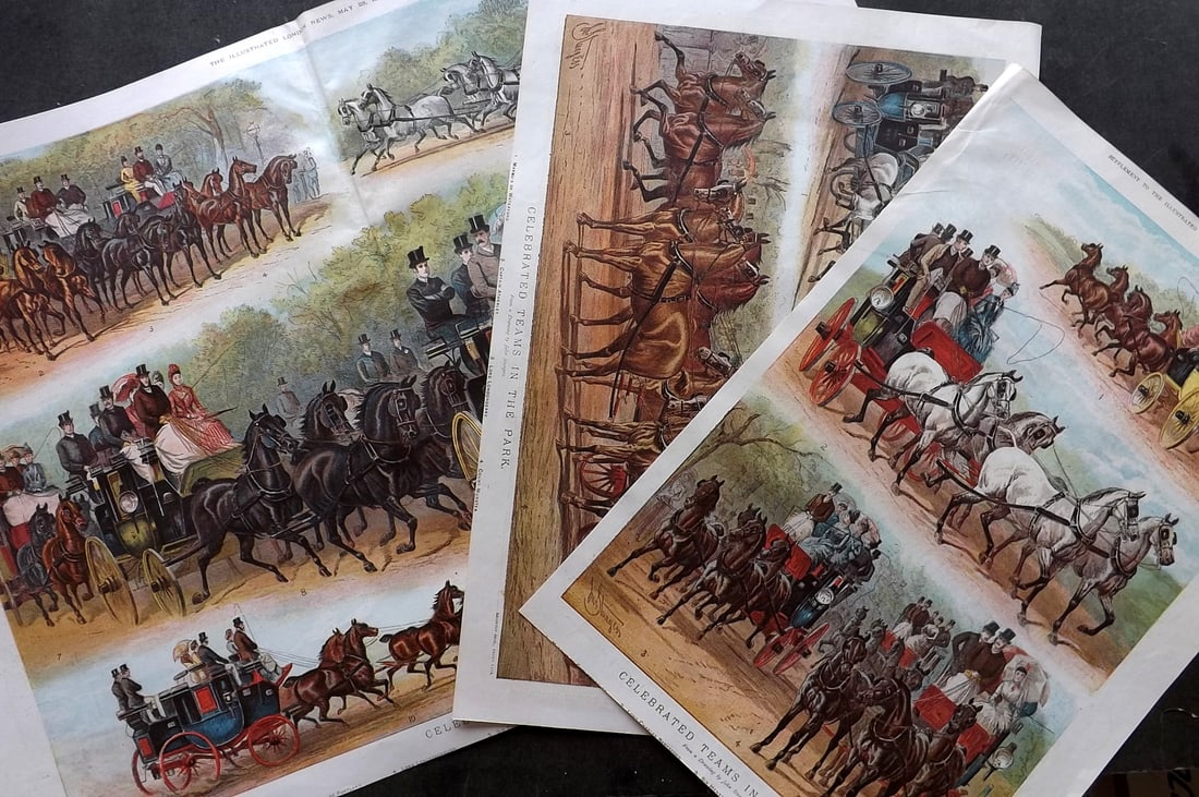 ILN 1887 Lot of 3 Prints. Coaching. Horses: Colour Printed Woodblocks with text on the reverse Published 19th Cent, London for "The Illustrated London News" Paper Size: Up to 22 x 16 inch (56 x 40cm) Good Condition