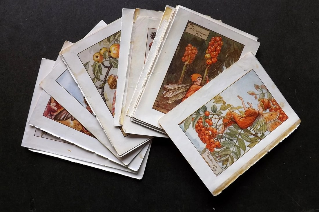 Barker, Cicely Mary C1940 Lot of 23 Flower-Fairy Prints - Autumn Fairies: Autumn Fairies. Lithographs Published C1935-45 by Blackie & Son, London & Glasgow for the "Flower-Fairies" Series by Cicely Mary Barker. Reverse side blank. Paper Size: 5.5 x 4 inch (14 x 10cm) Some m