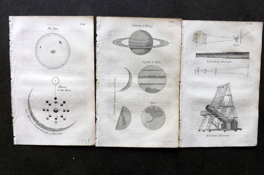 Blair 1834 Lot of 3 Miniature Astronomy Prints. Architecure Columns: Antique Steel Engraving Published 1834, London for "The Universal Preceptor; or, General Grammar. " by the Rev. David Blair. Paper Size: 5.5 x 3.5 inch (14 x 9cm). Very minor text offsetting. Good Con