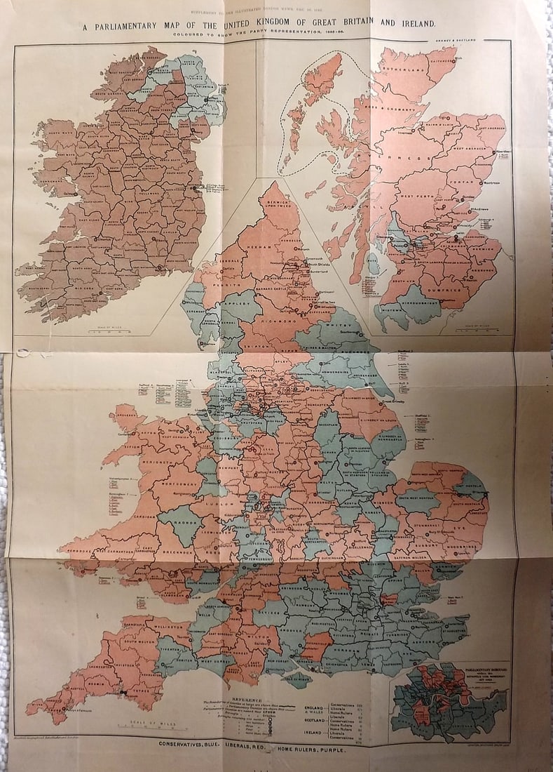 ILN 1885 LG Rare Map. Parliamentary Map of the UK & Ireland: Large Lithograph Map Published 1885, London as an additional Supplement for "The Illustrated London News" Folds as issued. Reverse side blank. Paper Size: 32.5 x 22 inch (83 x 56cm) A couple of tears 